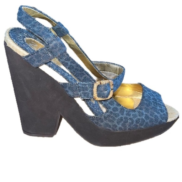 zinc Shoes - Zinc Cheetah Denim Peep Toe Platform Heels